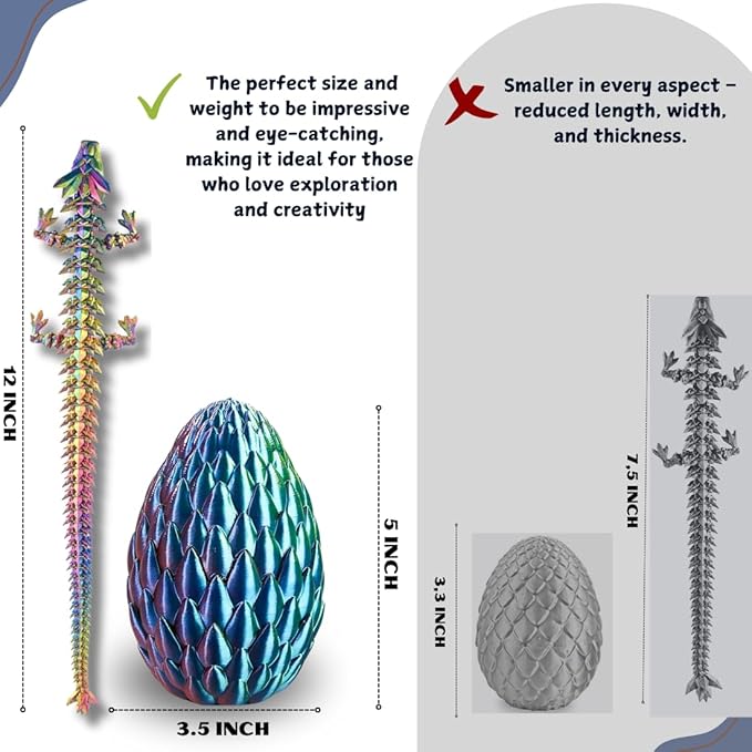 POIVOCF 3D Printed 12” Articulated Crystal Dragon Inside 5.1” Egg – Fantasy Collectible, Fidget Toy & Stocking Easter Basket Stuffers for Home & Office Decor (Multicolor).