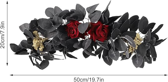 Artificial Flower Swag, Rose Eucalyptus Floral Swag Black Decorative Swag, Decorative Swag with Black Eucalyptus Leaves for Halloween Home Front Door Lintel Wedding Arch Party Tabletop Wall Decor(A2)