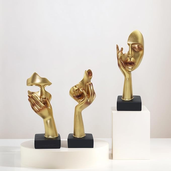 aboxoo 3 Pcs Thinker Statue, No Hear No See No Speak Modern Resin Sculptures Decor, Silence is Gold Abstract Art Figurines for Living Room, Home, Office Study (Gold)