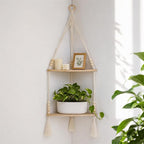 Artilady Macrame Wall Hanging Corner Shelf 2-Tier, Adjustable Boho Stable Shelves Display for Indoor Plants Candle Holder, Rustic Bedroom Living Room Home Decor (Beige Weave 2-Tier)