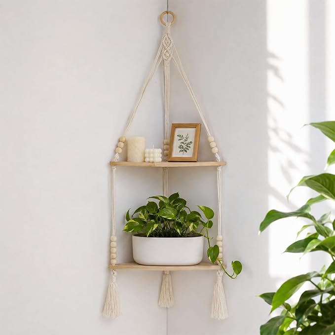 Artilady Macrame Wall Hanging Corner Shelf 2-Tier, Adjustable Boho Stable Shelves Display for Indoor Plants Candle Holder, Rustic Bedroom Living Room Home Decor (Beige Weave 2-Tier)