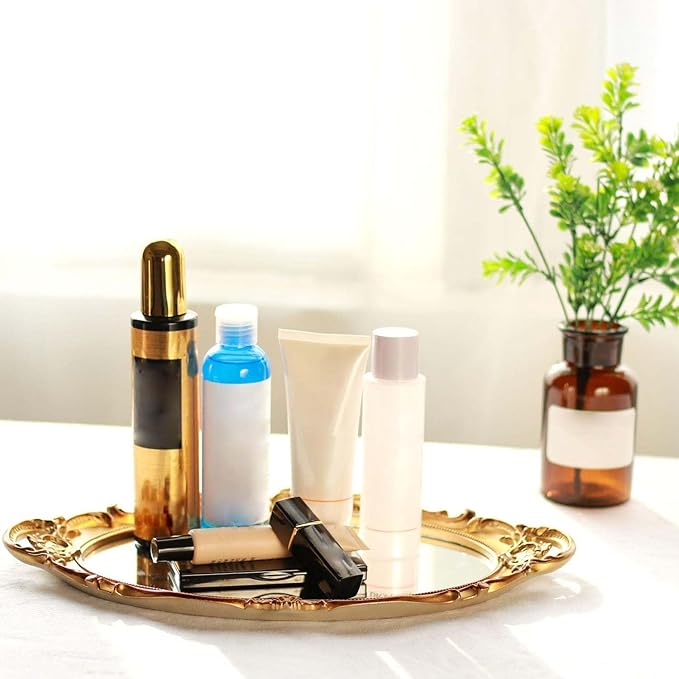Polyresin Ellipse Antique Decorative Mirror Tray, Makeup Organizer, Jewelry Organizer, Serving Tray, 9.8”x 14.6”, Gold