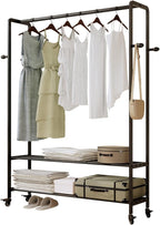 Black Rolling Garment Rack with Shelves and Hooks,Freestanding Metal Clothing Rack with Wheels,Large Clothes Hanging Rack for Bedroom,Closet, Entryway,Wardrobe,Boutique Display