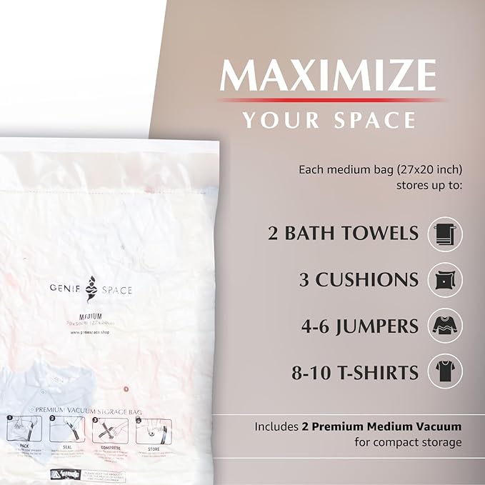 GENIE SPACE Premium Vacuum Storage Bags for Clothes, Bedding and Travel, Medium Size 27x20 Inches, Airtight, Odor-Proof and Reusable Space Saver Bags with Double Zipper Seal, 2-Pack