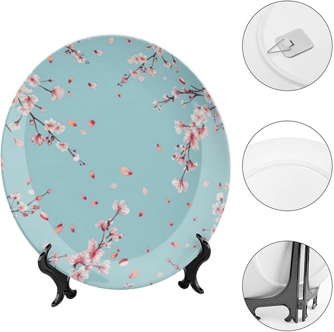 Japanese Spring Theme Decorative Ceramic Plate Round Porcelain Plate,Sakura Tree Branches Pattern,for Decorative Ornaments Giving Plates, 1 Plate with 1 Display Stand,Blue Pink,10 inch