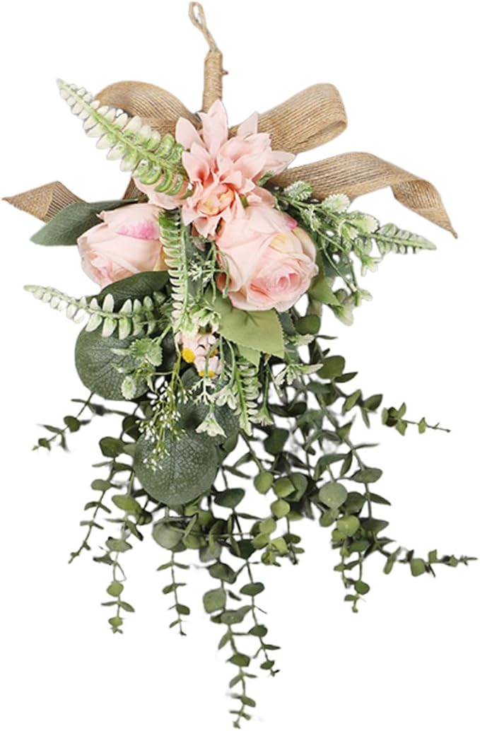 Artificial Floral Wreath Teardrop Swag Silk Flower Hanging Garland Decorative Ornament Versatile for Entryway Wedding Party Home Decoration Sui, Pink