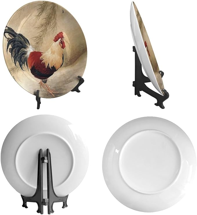 Rooster Decorative Plates, 6 Inch, Rooster In The Reeds Round Display Plate, Hanging Decorative Plate with Display Stand, for Kitchen Living Room Office Countertop Decor