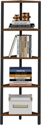 TUTOTAK Corner Shelf, 5-Tier Corner Bookshelf for Small Space, Narrow Display Corner Shelf Stand with Storage Rack, for Living Room, Bedroom, Rustic Brown BS05BB005