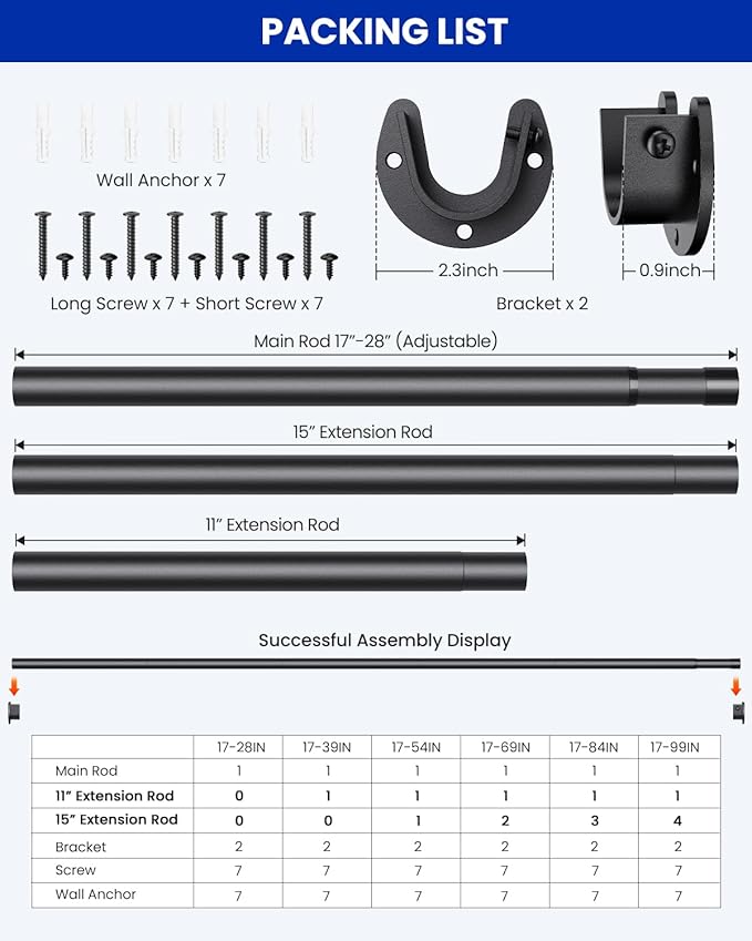Closet Rods for Hanging Clothes, 17 to 129 Inches Stepless Adjustable Metal Closet Rod, 1.3 Inches Heavy Duty Clothes Hanging Rod for Closet Wardrobes Laundry RV, Black