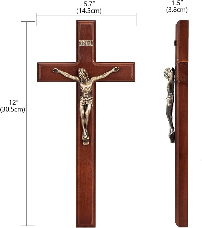 ARCHOBAN Crucifix Wall Cross Catholic, 12 Inch Wooden Cross with Jesus Christ for Home Decor - Brown + Antique Brass
