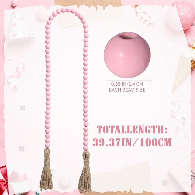 Equsion Seasonal Wooden Bead Garland with Tassels, 3.3 ft Holiday Vintage Boho Bead Garland Easter Tray Decoration, Vase Wall Room Art Birthday Party Decoration(Pink)
