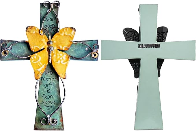 MelinSam Wooden Wall Cross Christians Cross with Antiqued Metal Butterfly and Inspirational Prayer Inscribed Blessed for Church Home Room Decoration Gifts