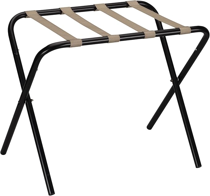 Household Essentials 2126-1 Folding Luggage Rack | Black Frame with Khaki Straps