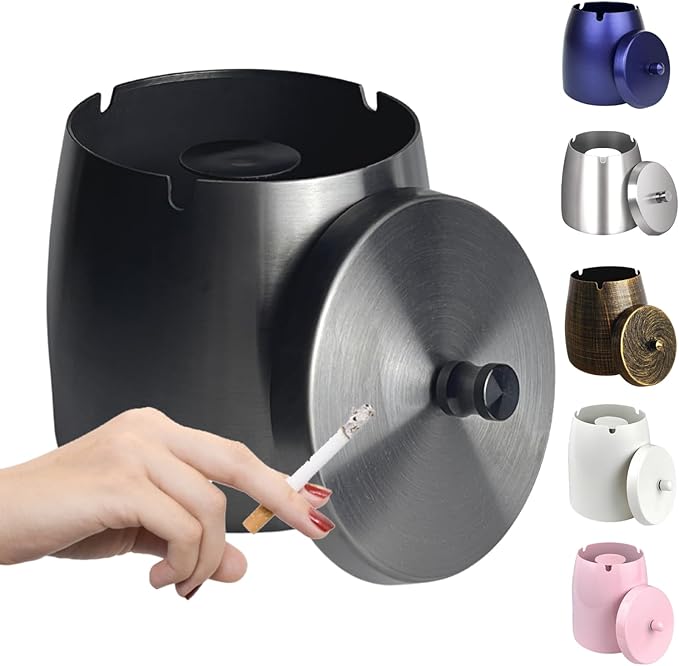 Ash Tray, Large Outdoor Ashtray with Lid, Ashtray for Outside Patio, Stainless Steel Windproof Smokeless Ash Tray for Balcony, Ashtrays for Smokers, Cigar, Home Office Decoration