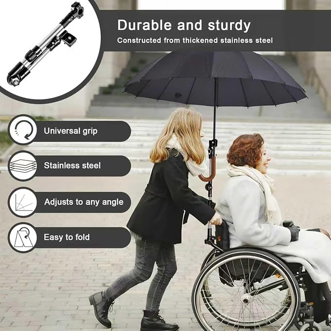 Adjustable Umbrella Holder Stand for Patio Outdoor Wrenches Universal Clip Wheelchair Umbrella Mount Holder for Stroller, Golf Cart, Beach Chair, Bicycle, Bleacher