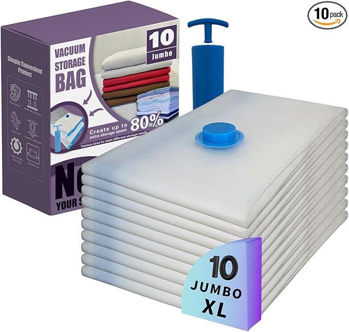 10 XL Jumbo Vacuum Storage Bags with Pump, Extra Large Compression Space Saver for Comforter, Duvet, Bedding, Blanket Storage, Vacuum Seal Bags for Clothing, Luggage Closet Organizer