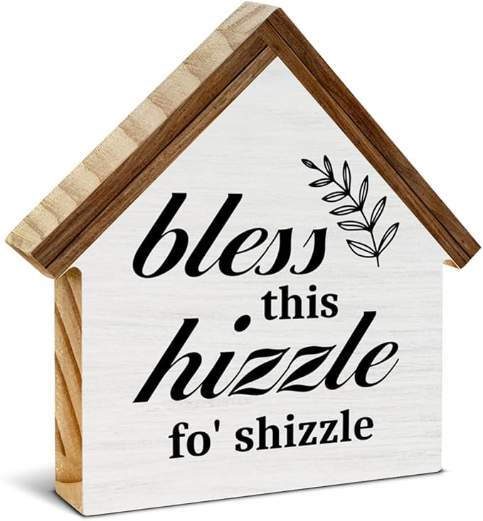Housewarming Gifts New Home, Bless This Hizzle for Shizzle House Shaped Wood Sign, New Home Gifts for Friends, Rustic Farmhouse House Decor
