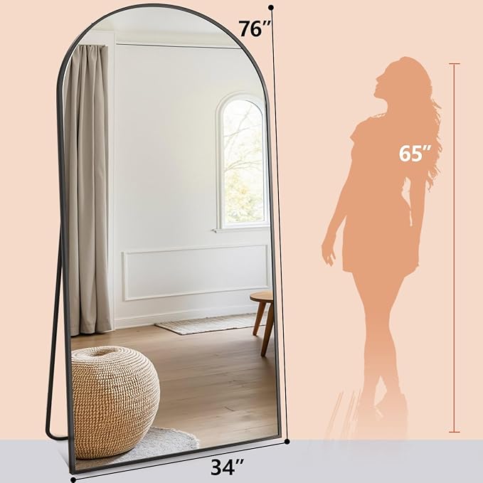 Prywot Arched Floor Mirror, 76 "x 34" Full Length Mirror Wall Mirrors Hanging or Leaning Arched-Top Full Body Mirrors with Stand for Bedroom, Dressing Room, Black