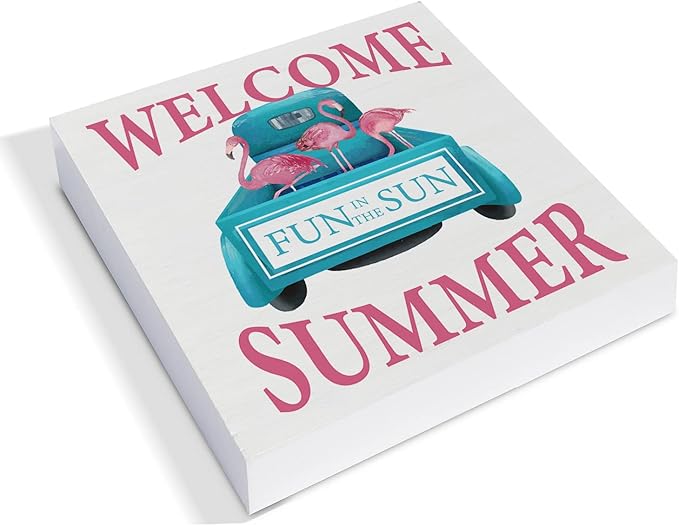 Country Flamingo Truck Wood Box Sign Decor Desk Sign Welcome Summer Quote Flamingo Wooden Box Block Sign Rustic Home Shelf Wall Decoration