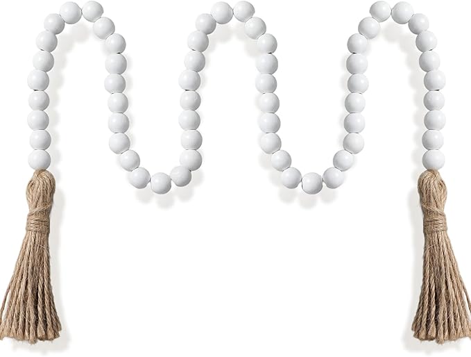 Equsion Seasonal Wooden Bead Garland with Tassels, 3.3 ft Holiday Vintage Boho Bead Garland Easter Tray Decoration, Vase Wall Room Art Birthday Party Decoration(White)