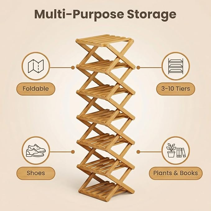 The 9-Tier No-Assembly Bamboo Rack, 3-9 Tiers Bamboo Shoe Rack, Foldable Bamboo Vertical Shoe Organizer, Multifunctional & Space-Saving, For Entryway, Closet, Corner, Bedroom, Hallway (Wood, 6Tiers)