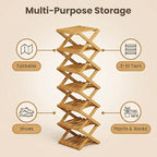 The 9-Tier No-Assembly Bamboo Rack, 3-9 Tiers Bamboo Shoe Rack, Foldable Bamboo Vertical Shoe Organizer, Multifunctional & Space-Saving, For Entryway, Closet, Corner, Bedroom, Hallway (Wood, 6Tiers)