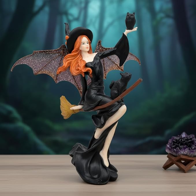Comfy Hour 9" Dark Fairy Witch Figurine on Broom, Fantasy Sorceress with Black Cat Statue, Mystical Home Office Desktop Decor Accent, Polyresin Artisan Crafted Sculpture, 1 Piece