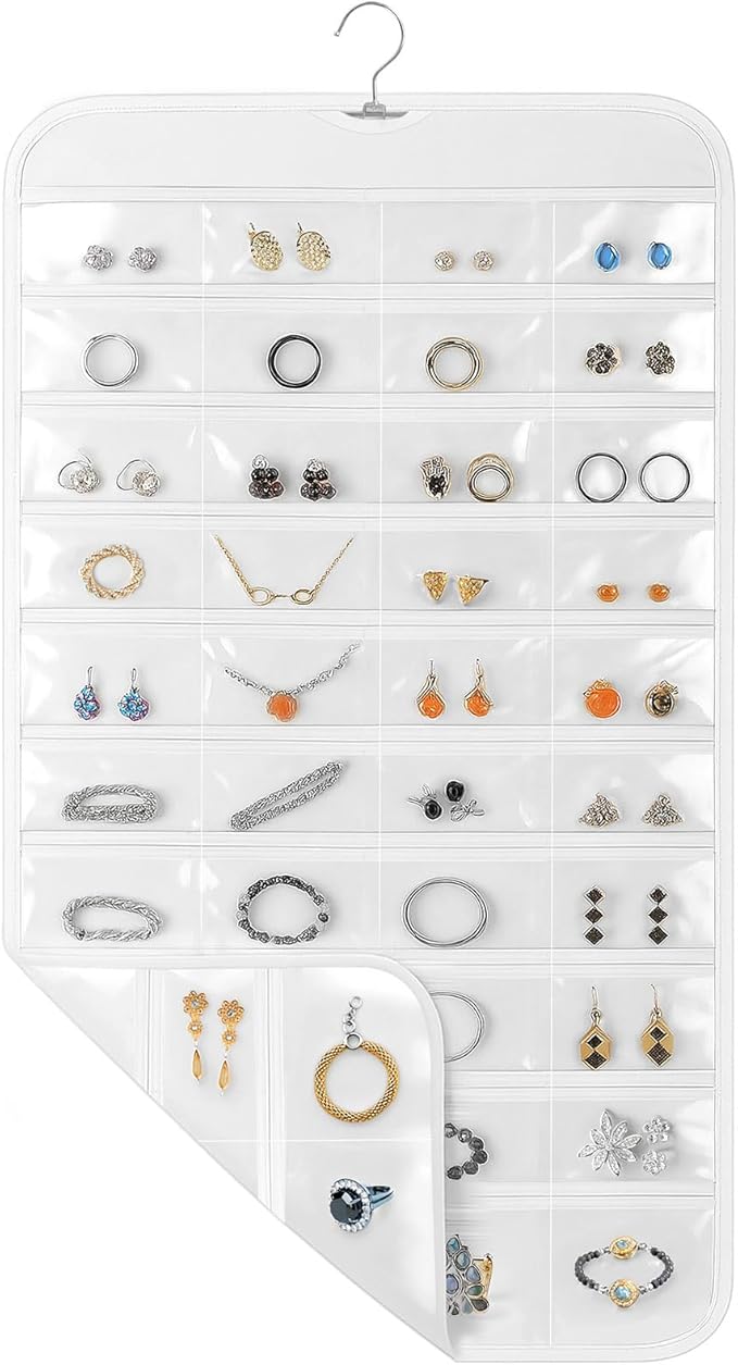1 Pack Hanging Jewelry Organizer, 80 Clear Pockets earring organizer and storage, Accessories holder organizer for Closet, Jewelries, Necklace, Travel