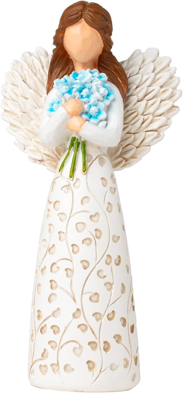 Decorative Angel Figurine with Forget-Me-Not Bouquet, White Dress with Leaf Pattern, Tree of Life Design - Collectible Sculpture for Mom Gifts, Forget Me Not Gifts for Women(Blue Flower)
