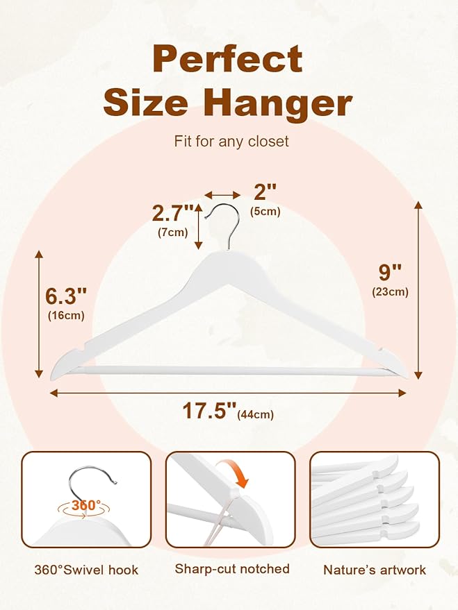 HOUSE DAY White Wooden Hangers 10 Pack, Solid Wood Hanger with Non Slip Pant Bar, Heavy Duty Wooden Coat Hanger for Closet, Smooth Finish Wood Clothes Hangers for Shirts, Suits Jackets, Dress