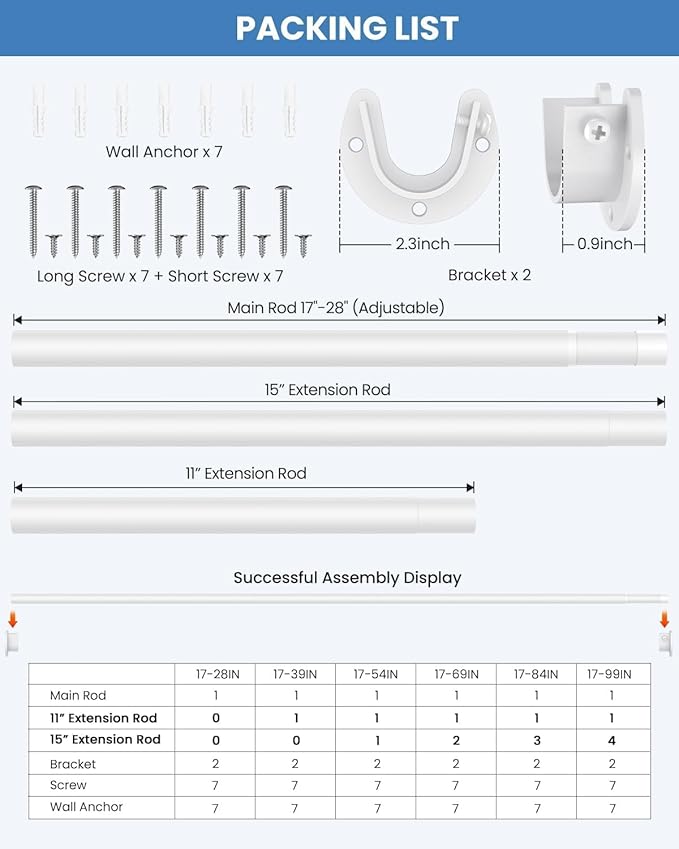 2 PACK Closet Rods for Hanging Clothes, 17 to 69 Inches Stepless Adjustable Metal Closet Rod, 1.3 Inches Heavy Duty Clothes Hanging Rod for Closet Wardrobes Laundry RV, White