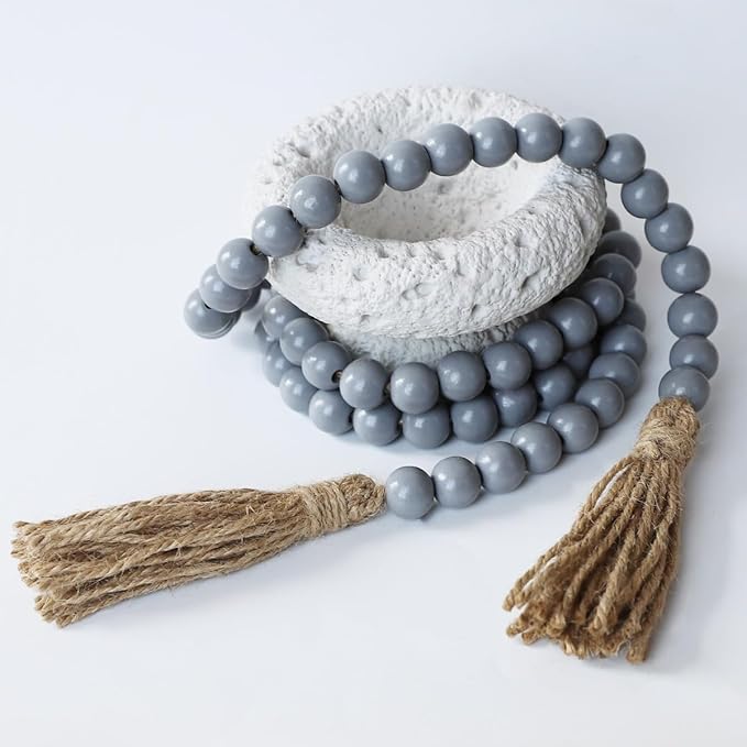Boho Decor Wood Beads Garland Farmhouse Wall Hanging Decorations Natural Wooden Bead Tassel Decorative for Coffee Table Christmas and Prayer (Gray, 58")
