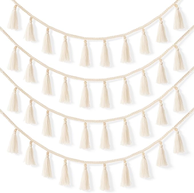 4 PCS Boho Macrame Tassel Garland, 47.2 Inch Boho Classroom Decor Handmade Christmas Garland Wall Hanging Tassels for Nursery Classroom Office Birthday Party Kids Room Baby Shower Decoration