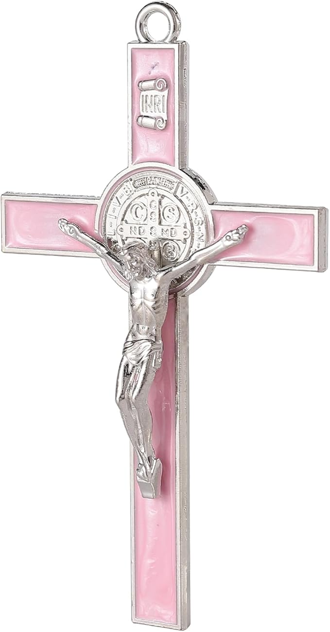 VINETEN Crucifix - Saint Benedict Crucifix Wall Cross Give Blessing and The Spiritual Sacred Pink Enamel Wall Cruciifx for Girl 5 Inch