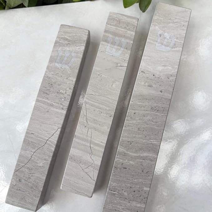 A&S Mezuzot Quartz Mezuzah Case with Engraved Shin Design Easy Peel and Stick Judaica Door Mezuza (Grey Terrazzo, 6 Inches)