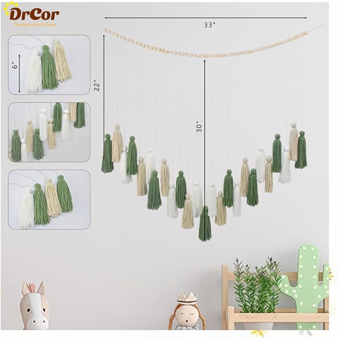 DrCor Sage Green Boho Tassel Garland – Neutral Wall Hanging for Living Room, Bedroom, or Reading Corner, Dorm Room or Entryway Decor, Baby Shower, Birthday Party or Cozy Farmhouse Decoration