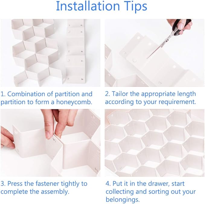 Poeland Drawer Divider Organizer Adjustable DIY Grid Honeycomb Drawer Divider for Underwear Belt Scarf Socks White