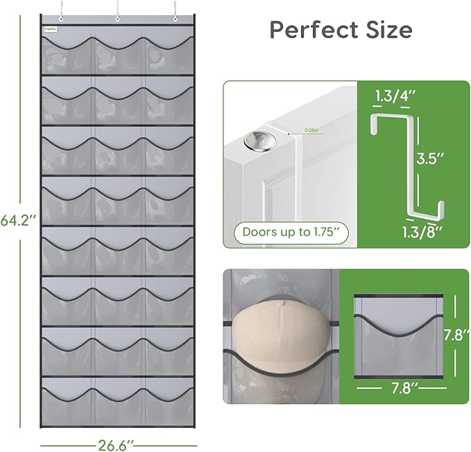 Unjumbly Baseball Hat Rack, 24 Pocket Over-The-Door Hat Organizer with Clear Deep Pockets to Display Baseball Caps Collection, Complete with 3 Over Door Hooks (Grey, 24 Pockets)