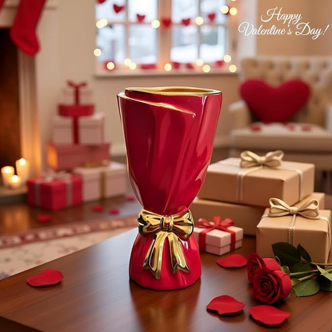 Red and Gold Bow Ceramic Vase - Flower Vases for Home Decor, Bow Decor, Boho Style, 9.65 Inch Flower Vases for Bouquet, Large Vase for Ideal Shelf Decor/Table (Red and Gold, Large)