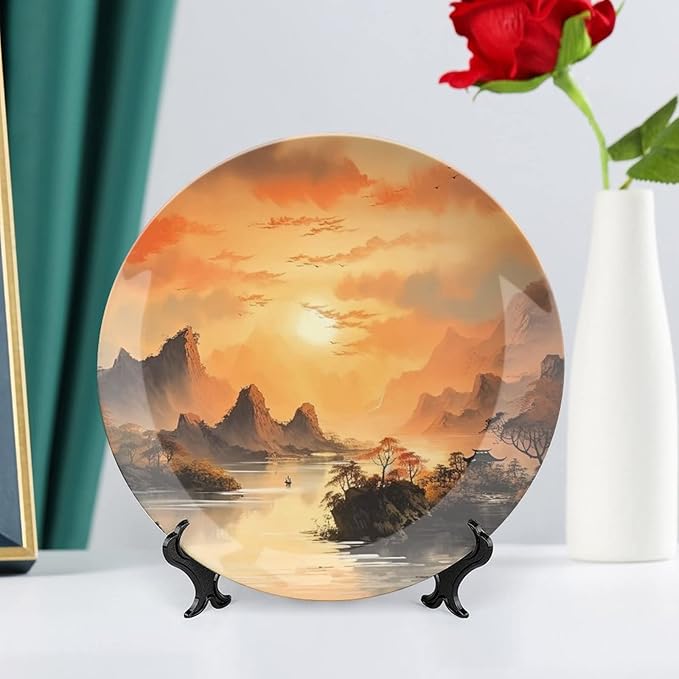 Ancient Chinese Mountain & Pavilion Landscape Ink Painting Decorative Plates Home Decor Ceramic Plates Wedding Gifts Dinner Plates Display for, Kitchen, Hallway Console Side Table, 10 Inch
