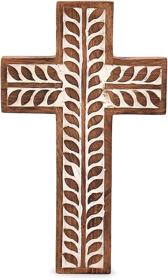 NIRMAN Mango Wood Religious Catholic Cross Wall Hanging Floral Carvings Living Room Home Décor for Entryway Office Living Room (10" x 6" x 0.75")