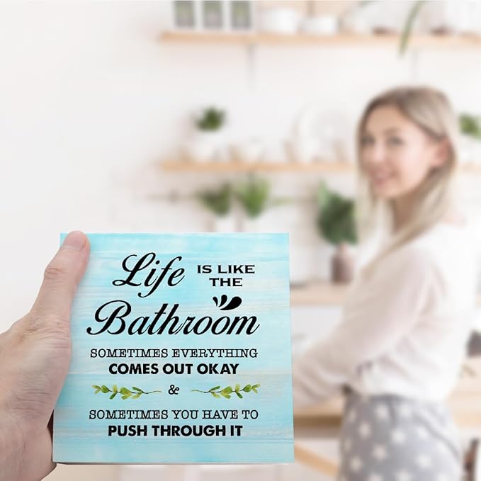 Blue Life is Like The Bathroom Wooden Box Sign Desk Decor,Funny Bathroom Wood Block Sign for Farmhouse Toilet Shelf Decor