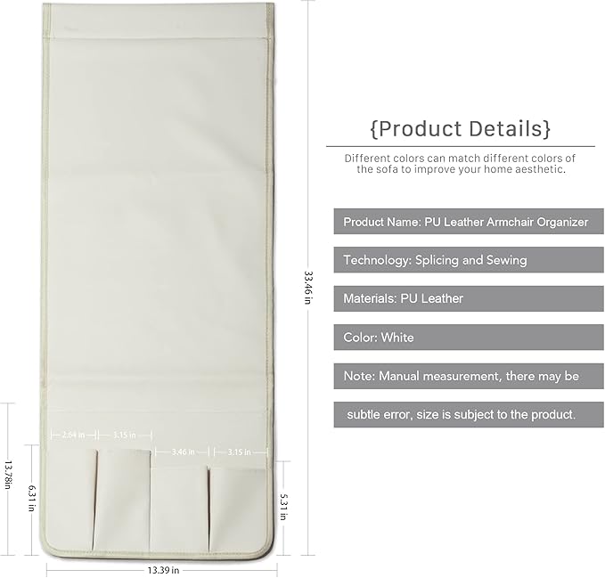 PU Leather Sofa Armrest Organizer, Armchair Magazine Holders, Waterproof Remote Holder for Recliner Couch with 1 Large Pocket, 4 Small Pockets for Magazine, Remote, Phone, Ipad, Books (white)