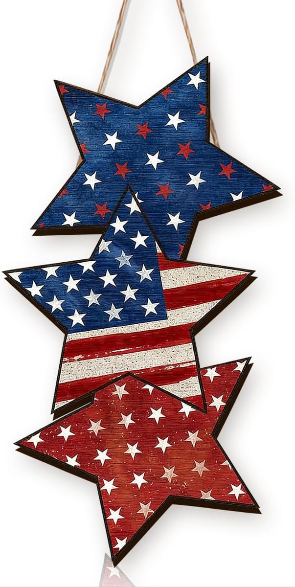 Wooden 4th of July Decorations Patriotic Wreaths for Front Door Independence Day Decorations Star Sign Welcome Memorial Day Hanging for Home Wall Decor Outdoor Indoor Red White and Blue Wreath 5