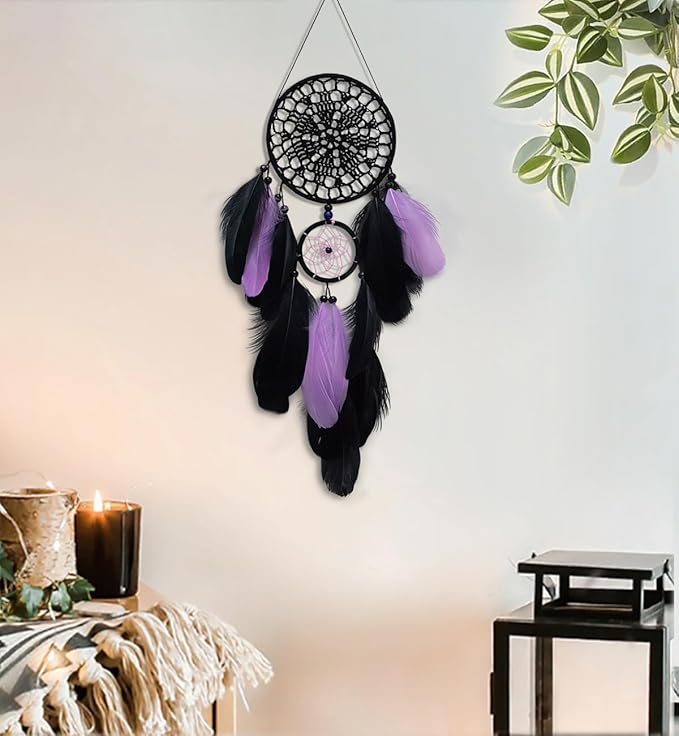 5 Pack Black Purple Dream Catchers Wall Decor Moon and Sun Feather Handmade Traditional Dreamcatchers Large Boho Macrame Wall Hanging Native American Decor for Bedroom Adult Halloween Decorations