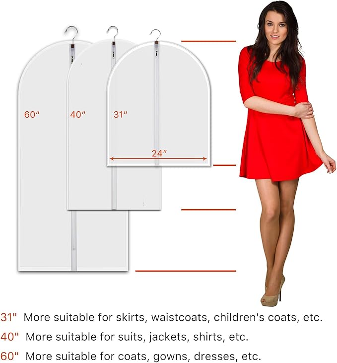 Dust Proof Clear Garment Bags 7 Piece Set - 40 Inch Translucent Suit Bags with Full-Length Zipper for Closet Clothes Storage and Travel. Bonus: 5 Natural Cedar Ball.