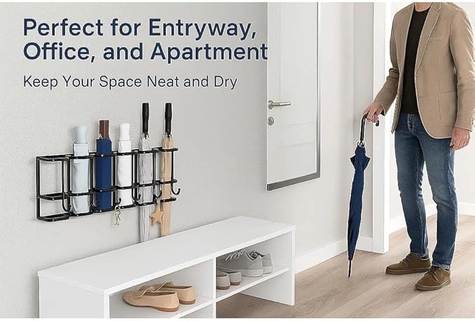 Wall Mounted Umbrella Holder for Entryway, Modern Metal Space-Saving Umbrella Stand Rack Indoor Organizer for Home Office Apartment(White,46.5CM)