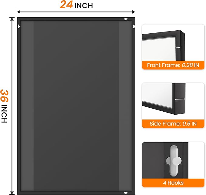TRAHOME Bathroom Vanity Mirror for Wall, 36" x 24" Metal Framed Rectangular Bathroom Wall Mirror for Over Sink, HD Shatterproof Glass, Hangs Horizontally or Vertically(Black)