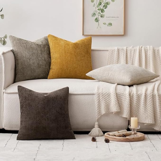 MIULEE Pack of 4 Couch Throw Pillow Covers 16x16 Inch Neutral Gold/Brown Soft Decorative Chenille Pillow Covers Farmhouse Accent Cushion Covers for Boho Home Decor Sofa Bedroom Living Room