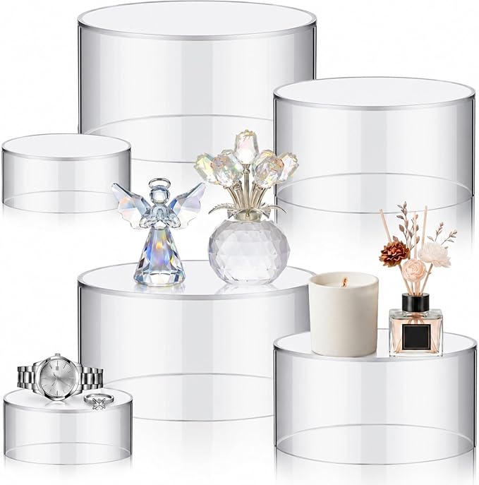 Jerify 6 Pcs Acrylic Risers Display Stands, 5.91'' 5.12'' 3.54'', Clear Round Nesting Pedestal Shelf with Hollow Bottom for Tabletop Jewelry Display, 3 Sized